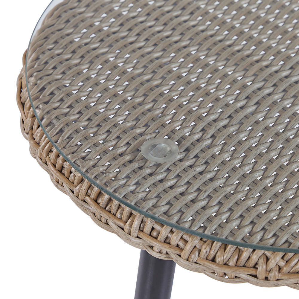 Set da bistrot da balcone con cuscini in vimini PE beige, tavolino e 2 sedie dal design moderno per esterni