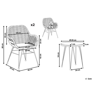 Set da 3 pezzi da bistrot, in finto rattan marrone, con gambe a forcina in metallo nero, piano in vetro