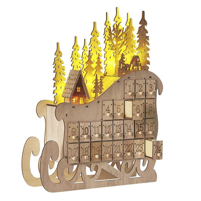 Decorazione natalizia Luce marrone LED Calendario dell'Avvento a forma di slitta Decorazione scandinava