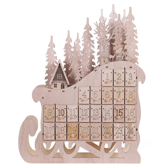 Decorazione natalizia Luce marrone LED Calendario dell'Avvento a forma di slitta Decorazione scandinava