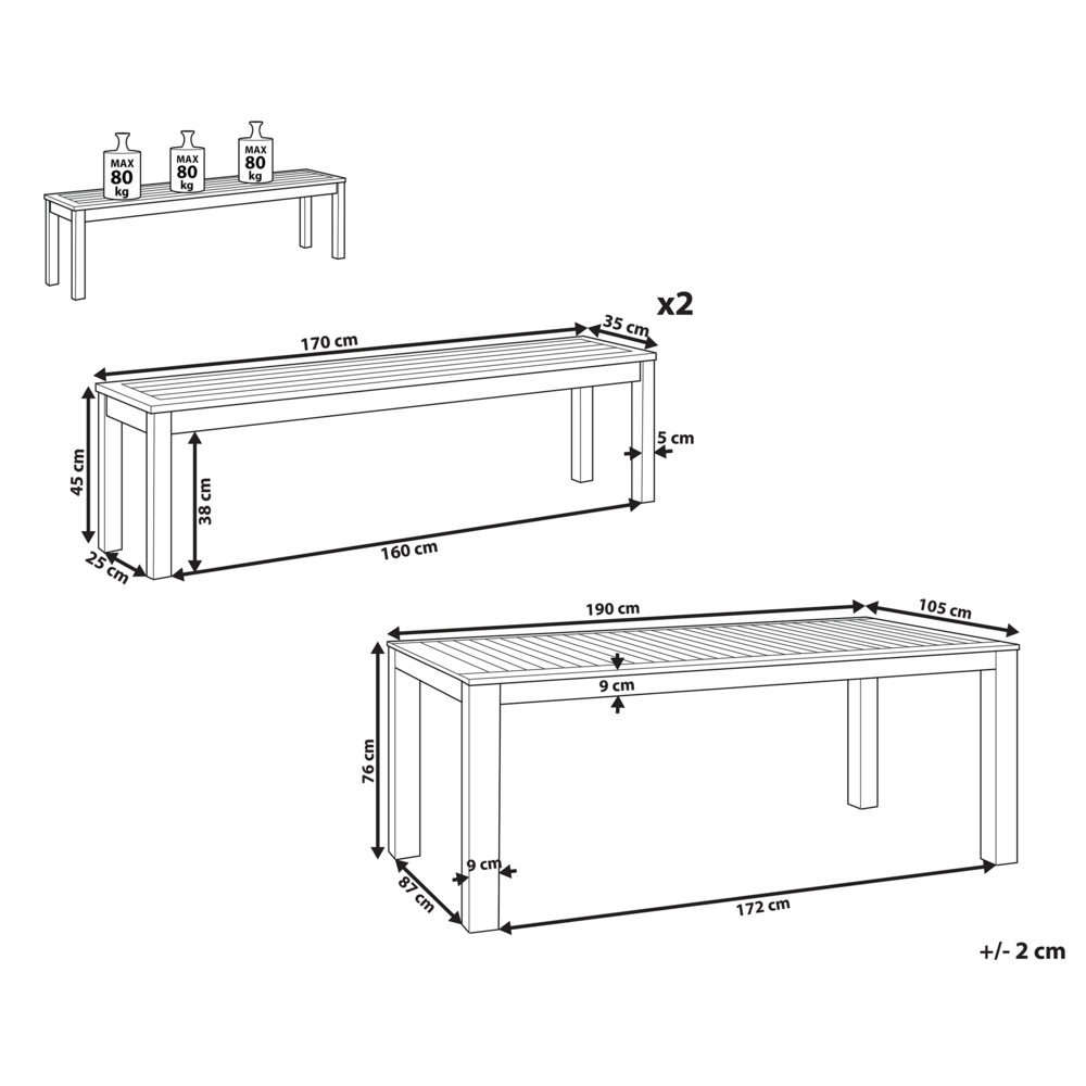 Set da Pranzo da Giardino con Tavolo e 2 Panche per 6 Persone in Legno di Eucalipto Naturale
