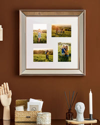 Cornice Multifoto Argento Vetro Plastica 69 x 69 cm Specchio per 10 Immagini 14x9 cm 12x17 cm 12x12 cm Collage Apertura