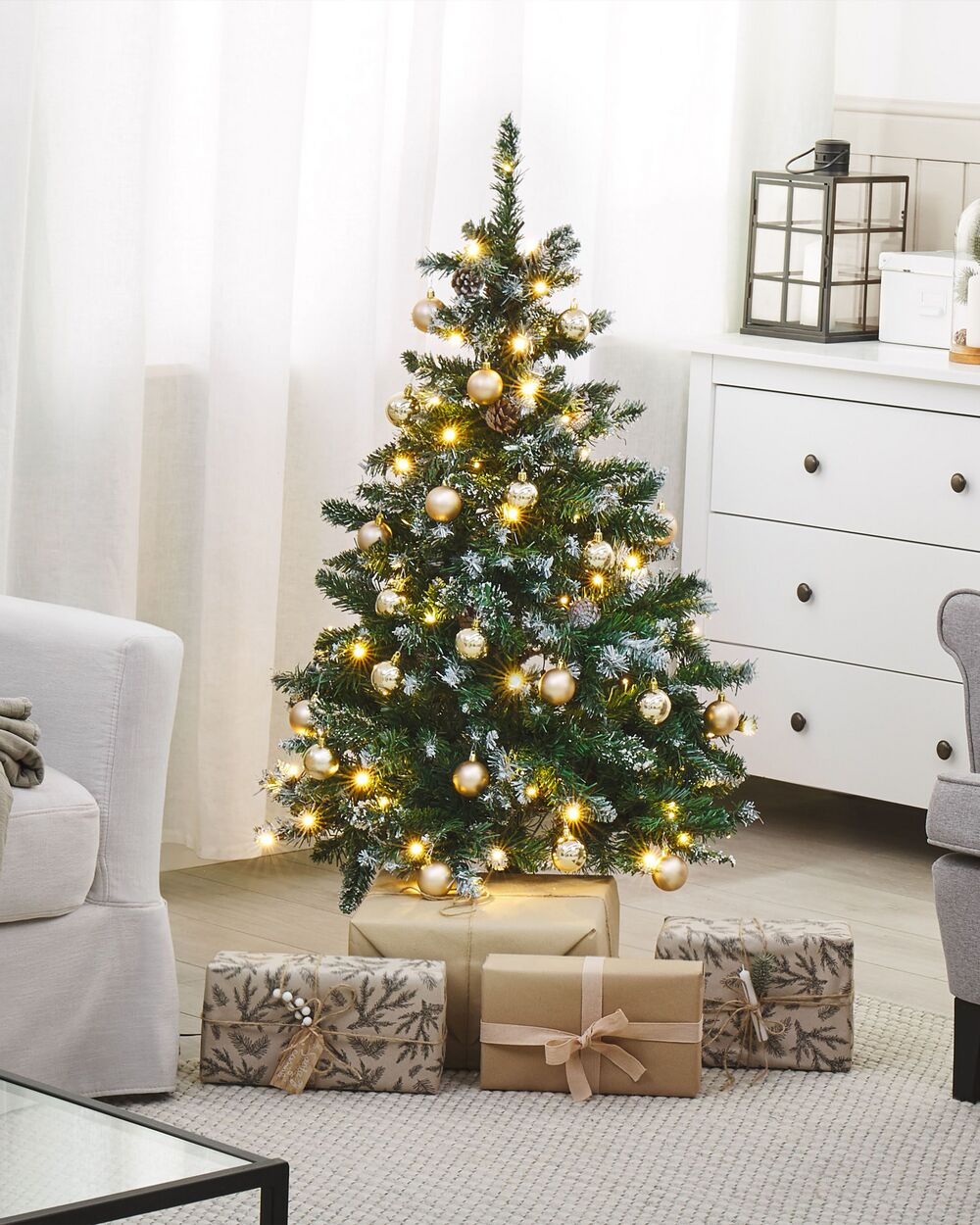 Albero di Natale Artificiale PreIlluminato Verde Innevato Base Nera 120 cm