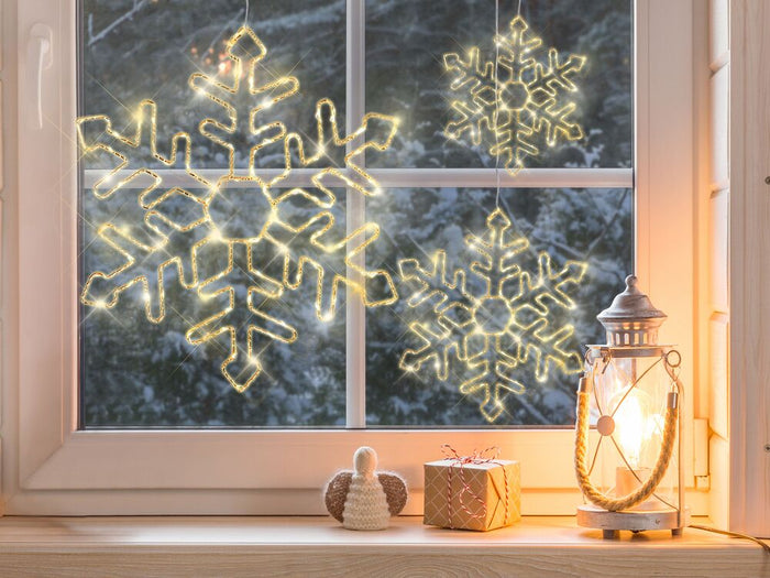 Set di 3 Decorazioni da Esterno ed Interno con Luci LED Fiocchi di Neve Metallo Argento