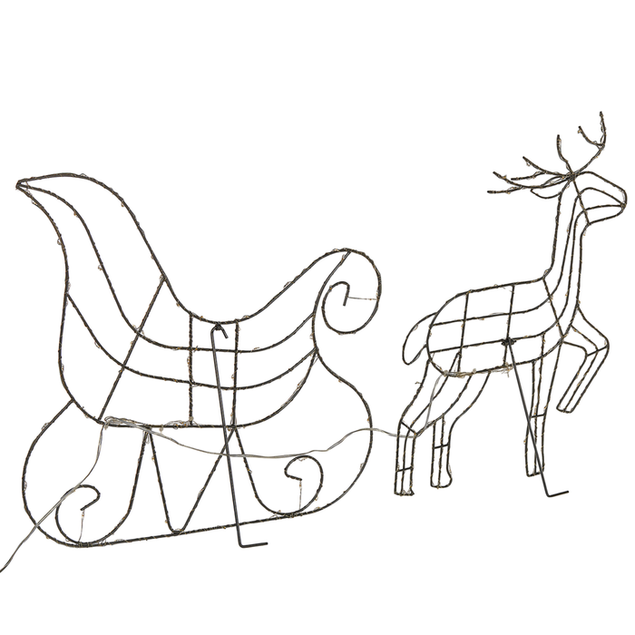 Decorazione da Interno ed Esterno con Luci a LED Slitta e Renne in Metallo Argento