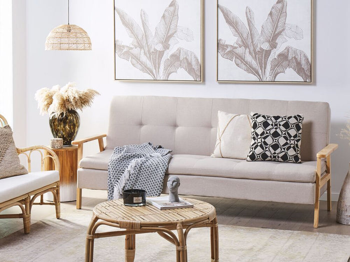 Moderno Divano Letto a 3 Posti in Tessuto di Poliestere Beige e Braccioli in Legno