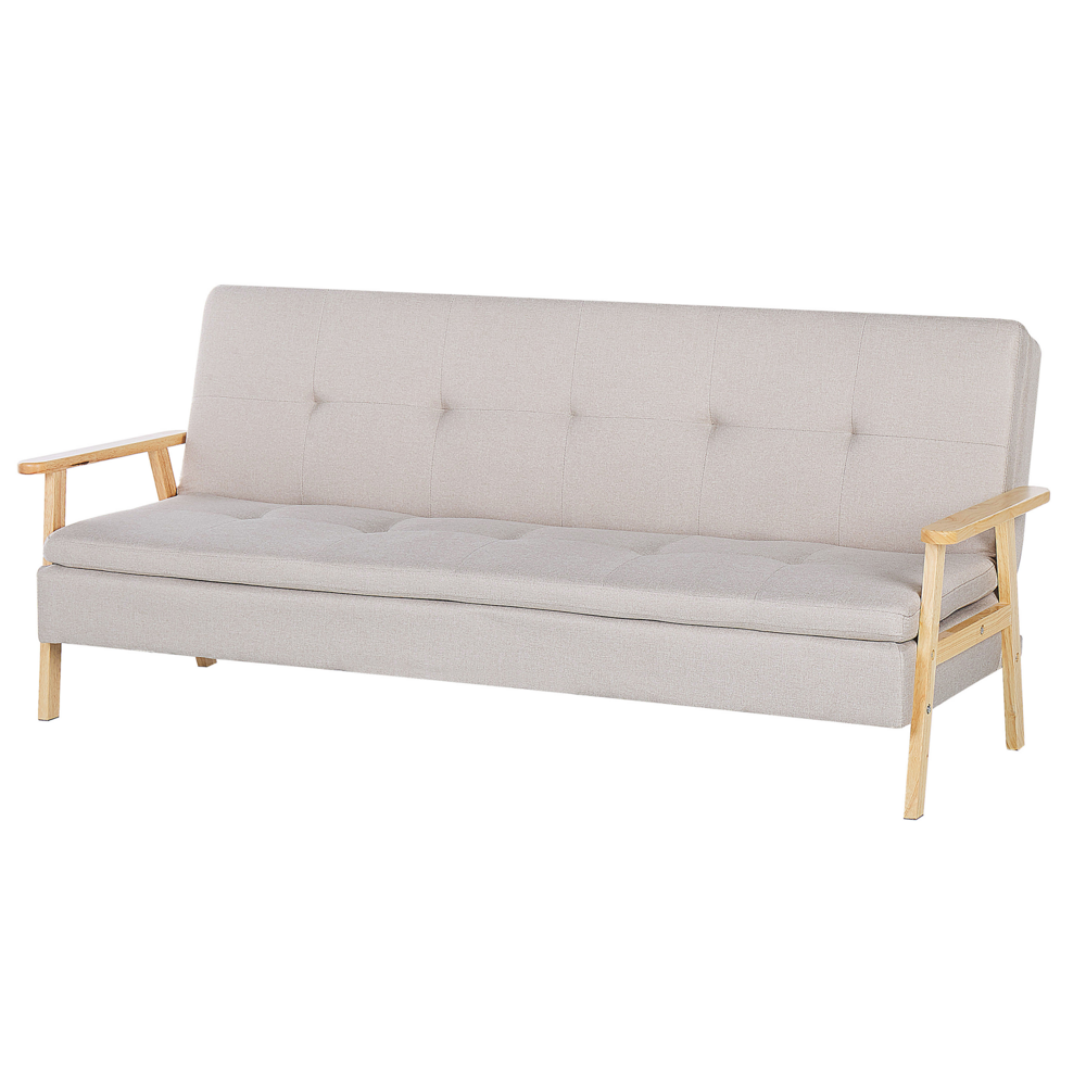 Moderno Divano Letto a 3 Posti in Tessuto di Poliestere Beige e Braccioli in Legno