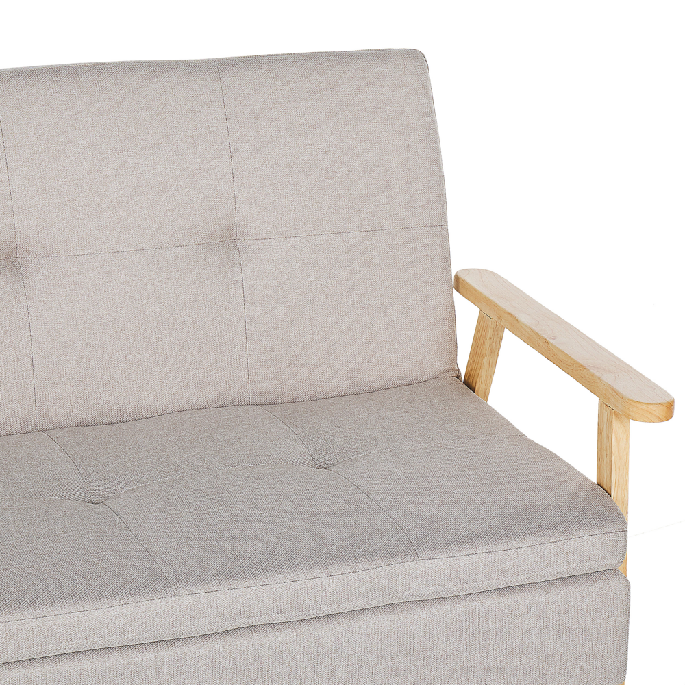 Moderno Divano Letto a 3 Posti in Tessuto di Poliestere Beige e Braccioli in Legno