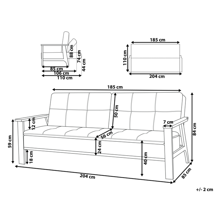 Moderno Divano Letto a 3 Posti in Tessuto di Poliestere Grigio Scuro e Braccioli in Legno