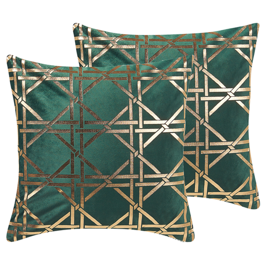 Set di 2 cuscini decorativi verde scuro diamante motivo geometrico 45 x 45 cm lamina dorato stampa accessori arredamento glamour