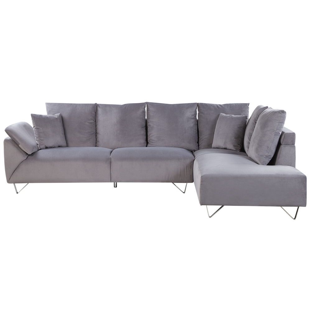 Divano angolare in tessuto di velluto a coste grigio 266 x 181 cm Cuscini Gambe cromate