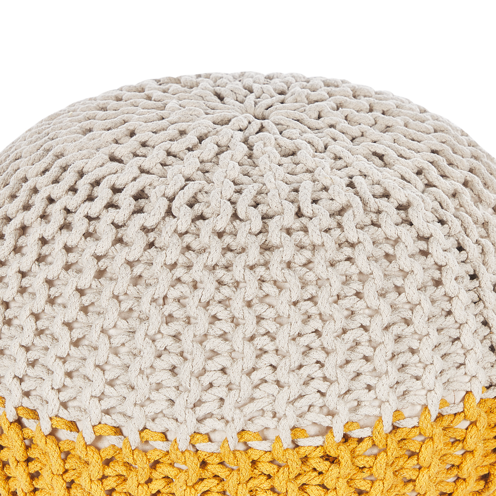 Pouf ottomana giallo beige cotone lavorato a maglia perline EPS riempimento rotondo piccolo poggiapiedi 50 x 35 cm