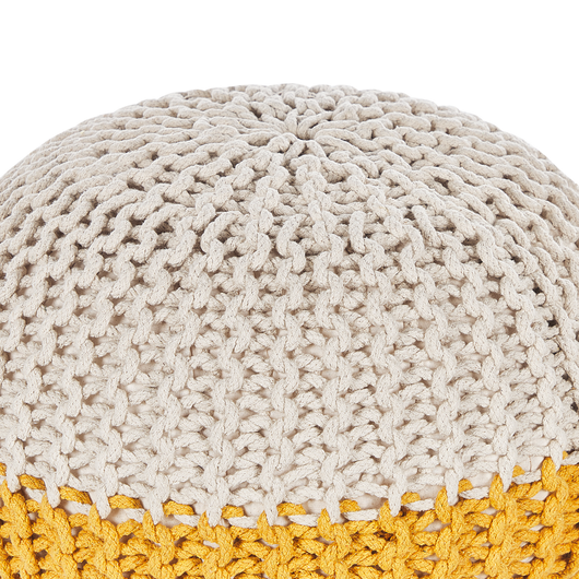 Pouf ottomana giallo beige cotone lavorato a maglia perline EPS riempimento rotondo piccolo poggiapiedi 50 x 35 cm