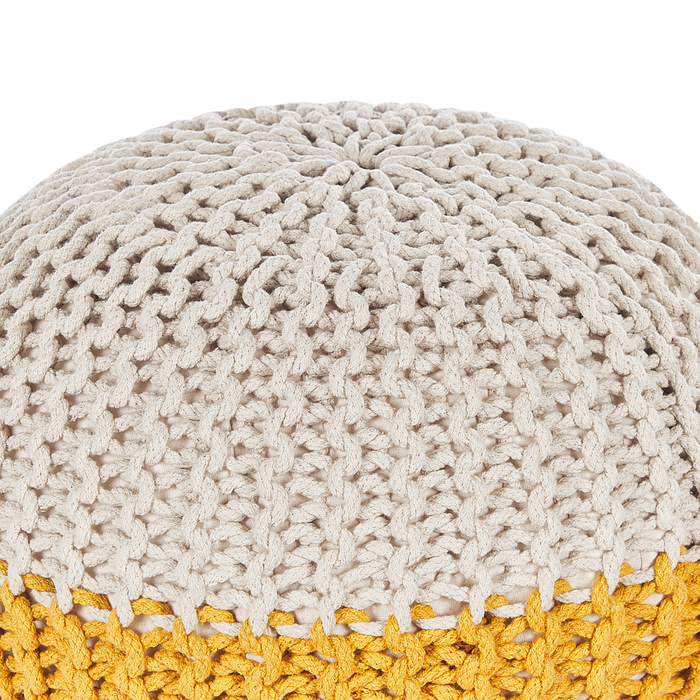 Pouf ottomana giallo beige cotone lavorato a maglia perline EPS riempimento rotondo piccolo poggiapiedi 50 x 35 cm