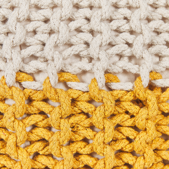 Pouf ottomana giallo beige cotone lavorato a maglia perline EPS riempimento rotondo piccolo poggiapiedi 50 x 35 cm