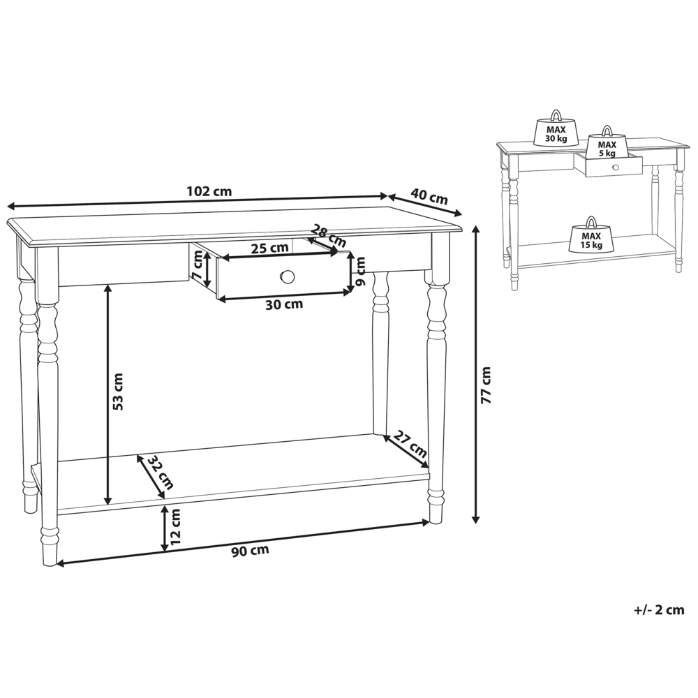 Consolle Piano in MDF bianco con gambe in legno di pino con toeletta a un cassetto