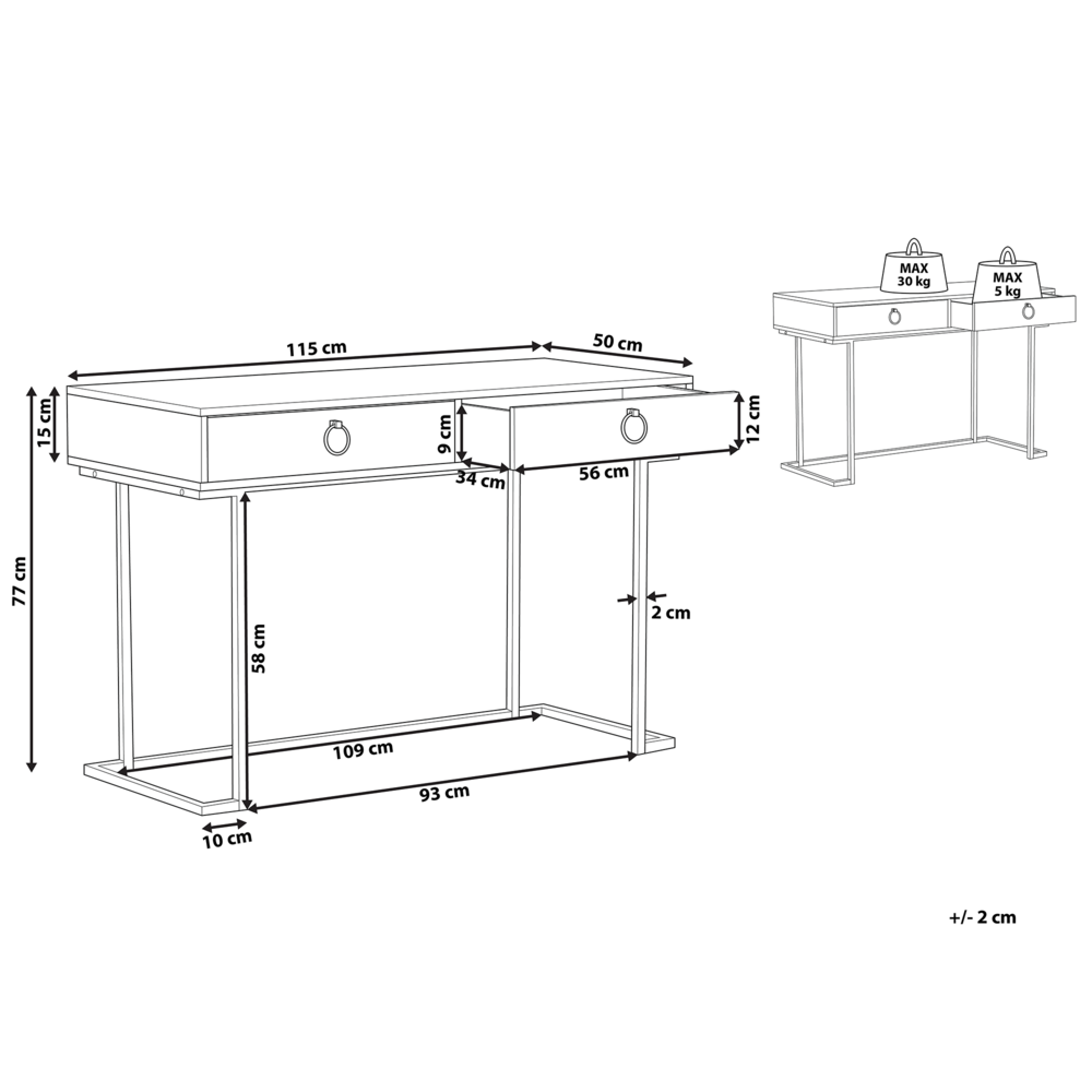 Consolle Nero 2 cassetti con maniglie ad anello Base in metallo dorato scrivania smart working Tavolo da salotto Comò per camera da letto