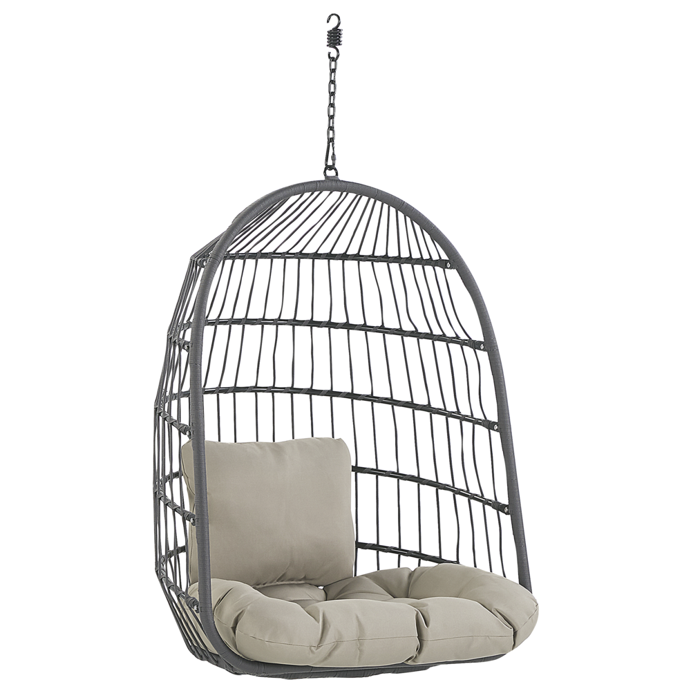 Poltrona Sospesa con Cesta in Corda di Poliestere Beige per Interno ed Esterno Boho