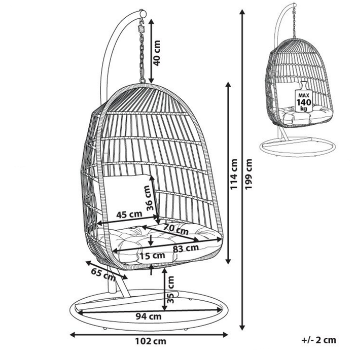 Poltrona Sospesa con Cesta in Corda di Poliestere Beige per Interno ed Esterno Boho