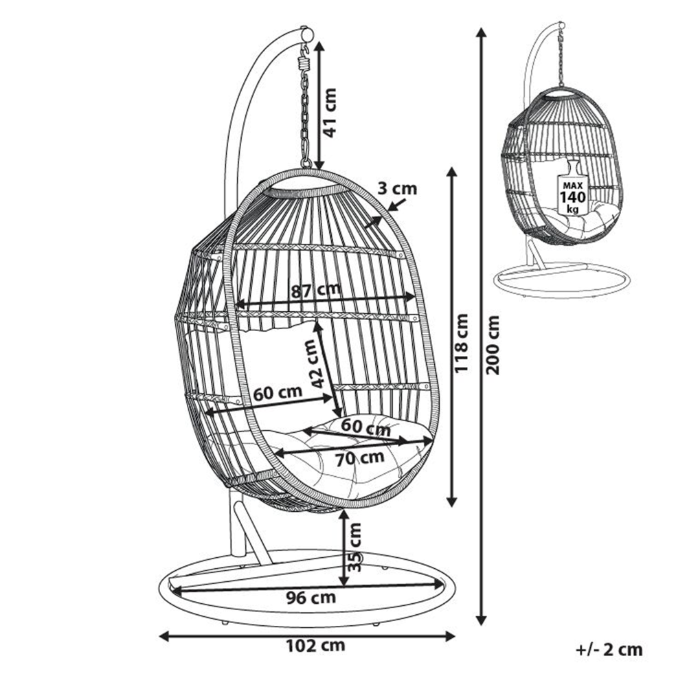 Poltrona Sospesa con Cesta in Corda di Poliestere Beige per Interno ed Esterno Boho