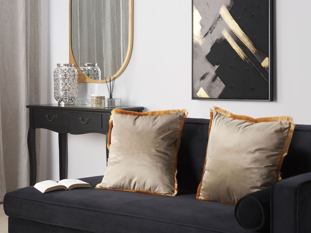 Set di 2 cuscini velluto Accessorio decorativo nappe 45 x 45 cm beige