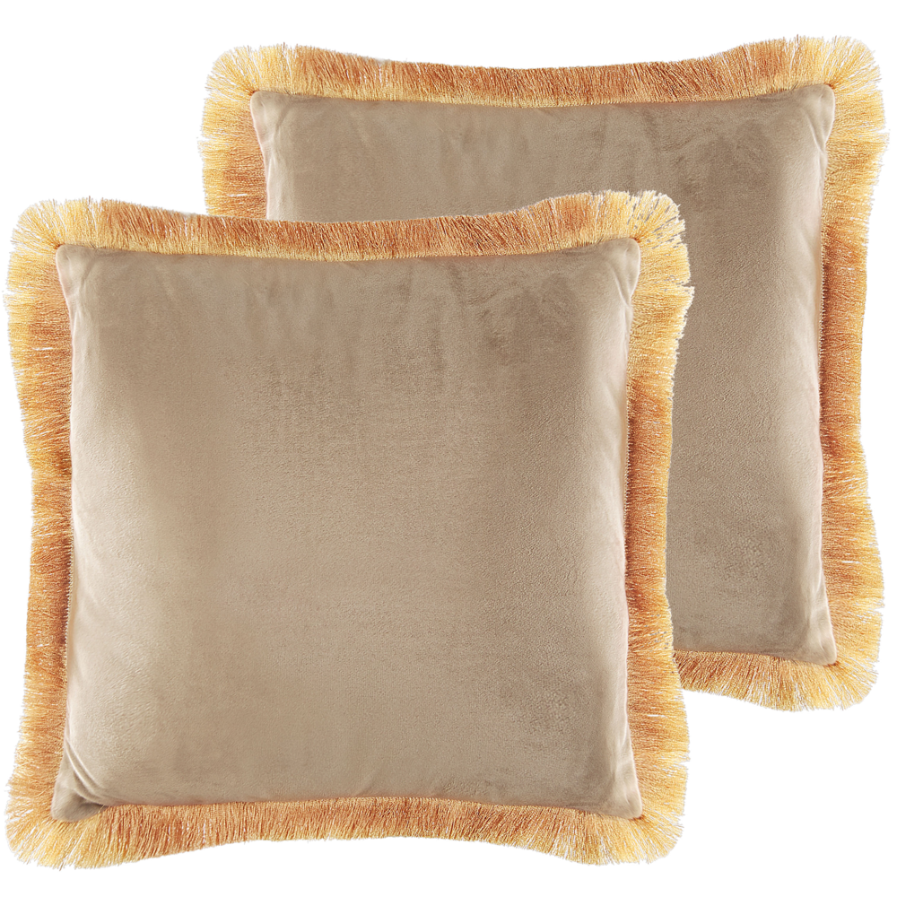 Set di 2 cuscini velluto Accessorio decorativo nappe 45 x 45 cm beige