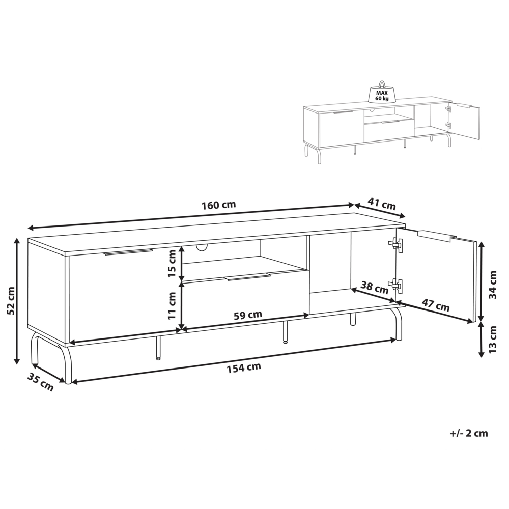 Mobile TV Gambe in metallo in truciolare di legno Nero e chiaro per TV fino a 70'' con funzione di archiviazione nel cassetto