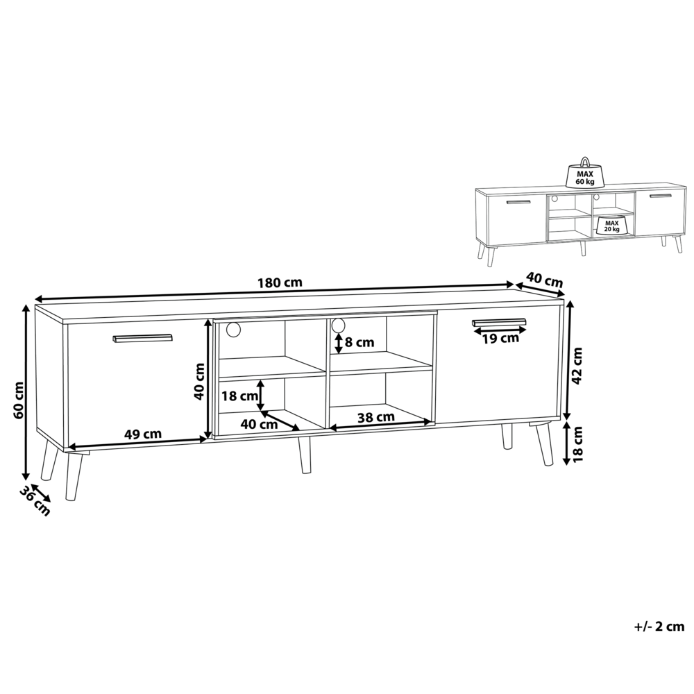 Mobile TV in legno chiaro con grigio per TV fino a 78ʺ con 2 ripiani