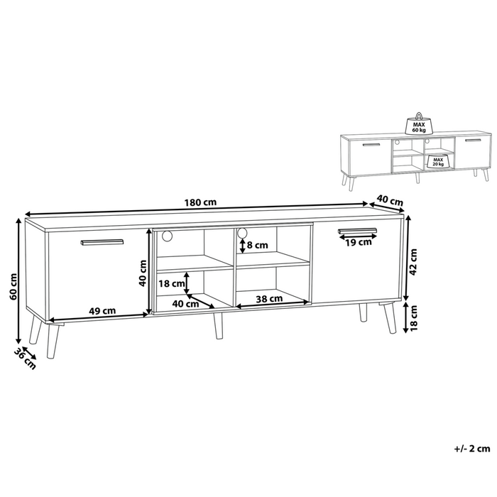 Mobile TV in legno chiaro con grigio per TV fino a 78ʺ con 2 ripiani