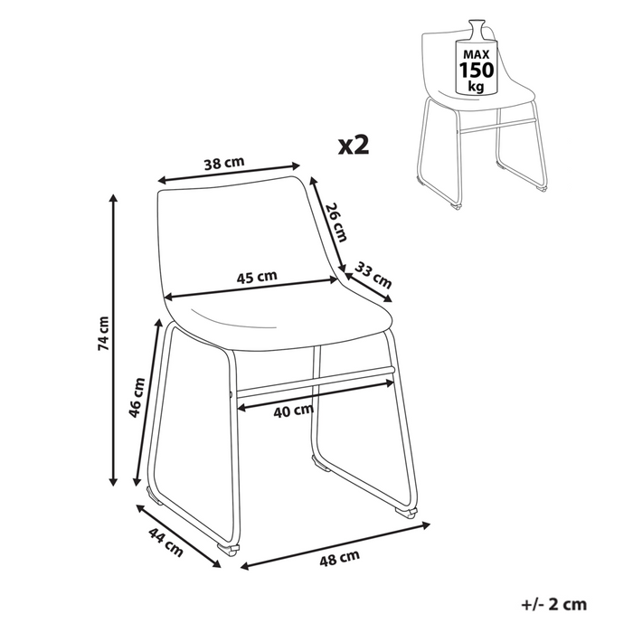 Set di 2 sedie da pranzo con rivestimento in tessuto marrone e gambe nere in stile retrò rustico