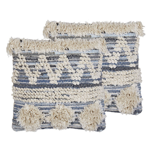 Set di 2 cuscini boho in cotone con motivo geometrico 45 x 45 cm beige e blu
