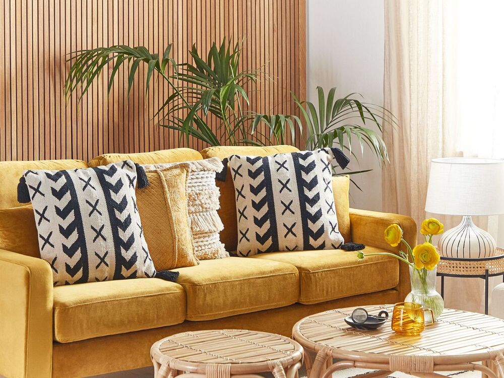 Set di 2 cuscini boho beige e nero in cotone motivo geometrico 45 x 45 cm