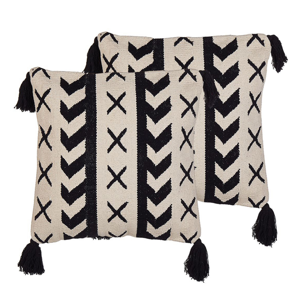 Set di 2 cuscini boho beige e nero in cotone motivo geometrico 45 x 45 cm