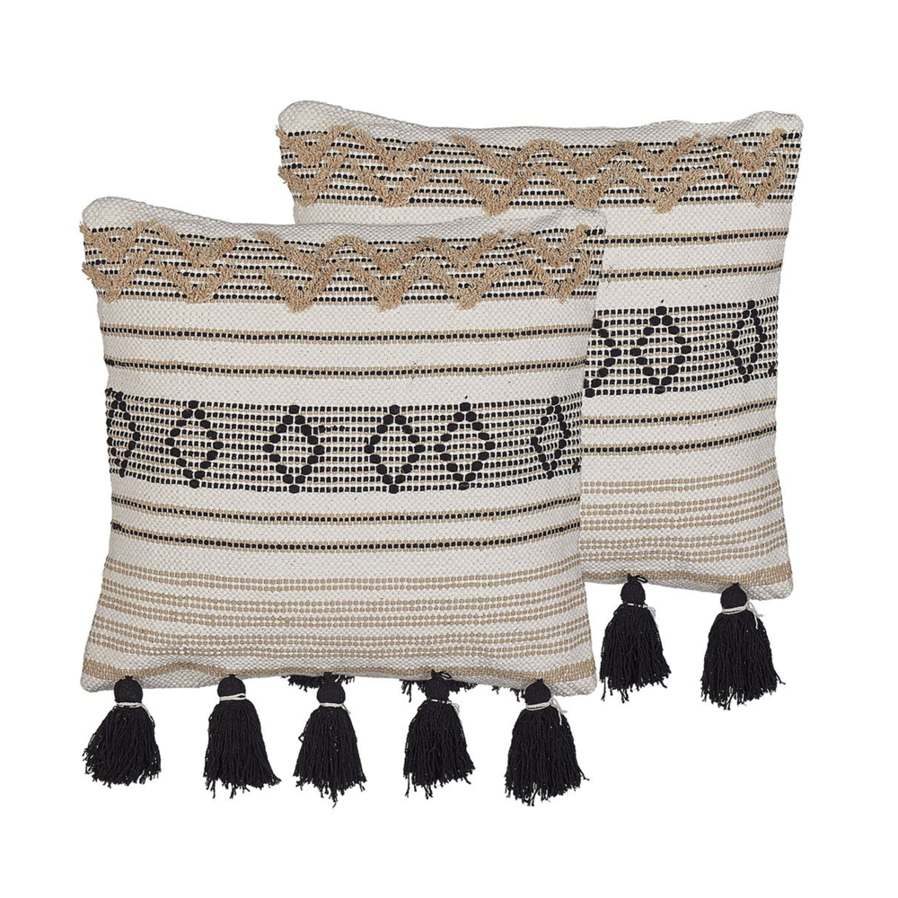Set di 2 cuscini boho motivo geometrico nappe 45 x 45 cm beige e nero