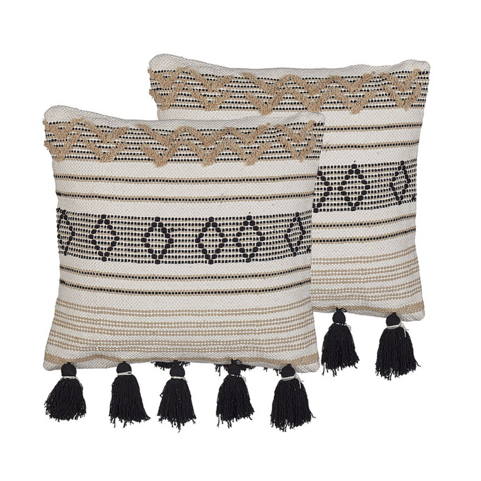 Set di 2 cuscini boho motivo geometrico nappe 45 x 45 cm beige e nero
