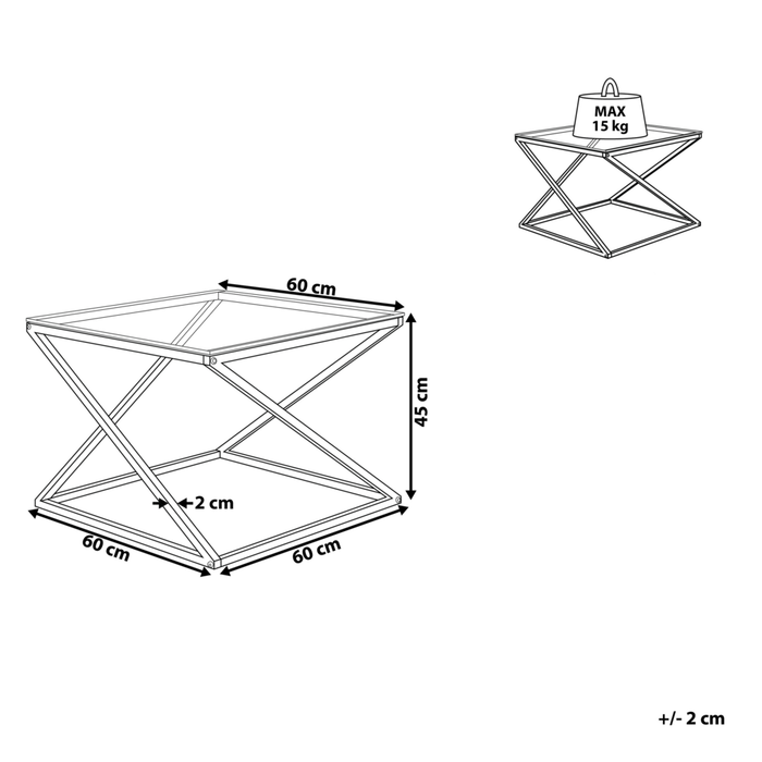 Tavolino da caffè con struttura in acciaio argentato e piano quadrato in vetro dal design glam geometrico