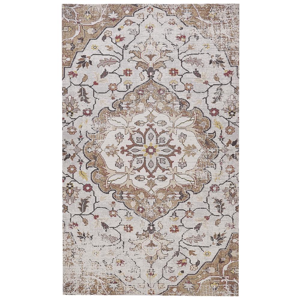 Tappeto beige in poliestere marrone a motivi floreali in cotone 150 x 230 cm fatto a mano antico orientale
