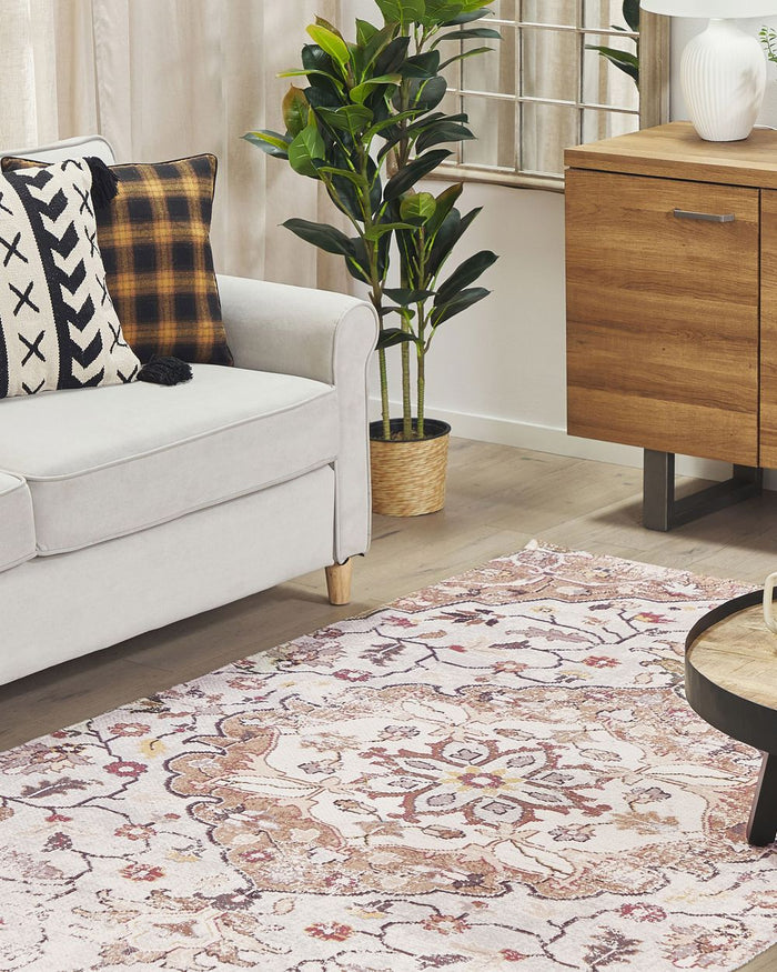 Tappeto beige in poliestere marrone a motivi floreali in cotone 140 x 200 cm fatto a mano antico orientale