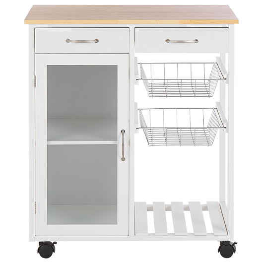 Carrello Cucina Legno Pino Bianco 2 Cassetti 1 Mobiletto 2 Scaffali Ruote Soggiorno