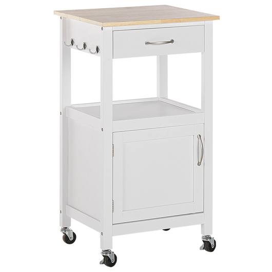 Carrello da Cucina Bianco e Legno Chiaro Piano MDF 48 x 39 x 89 cm Armadio Porta Asciugamani Posate Cassetti Ruote