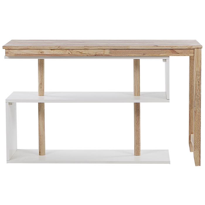 Scrivania angolare per casa e ufficio in legno chiaro e gomma bianca 120 x 45 cm piano girevole ripiani aperti stile scandinavo