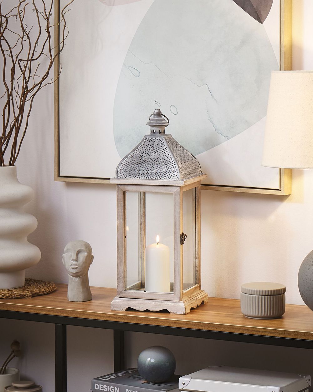 Lanterna in ferro bianco altezza 47 cm portacandele a colonna manico tradizionale retrò invecchiato decorazione pezzo