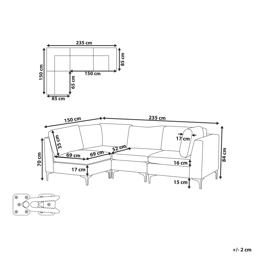 Divano angolare modulare versione destra in velluto verde a 4 posti con gambe in metallo argento stile glamour