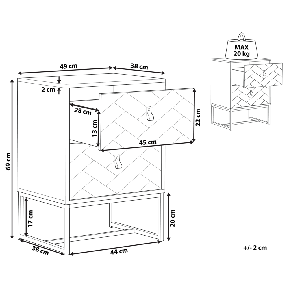Comodino in legno chiaro con gambe in metallo bianco Mobiletto piccolo 69 x 49 cm Comodino moderno Mobili per camera da letto tradizionali