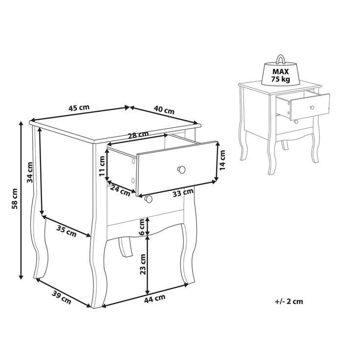 Comodino MDF bianco 2 cassetti portaoggetti Gambe curve cabriole Manopole in metallo Maniglie design scandinavo