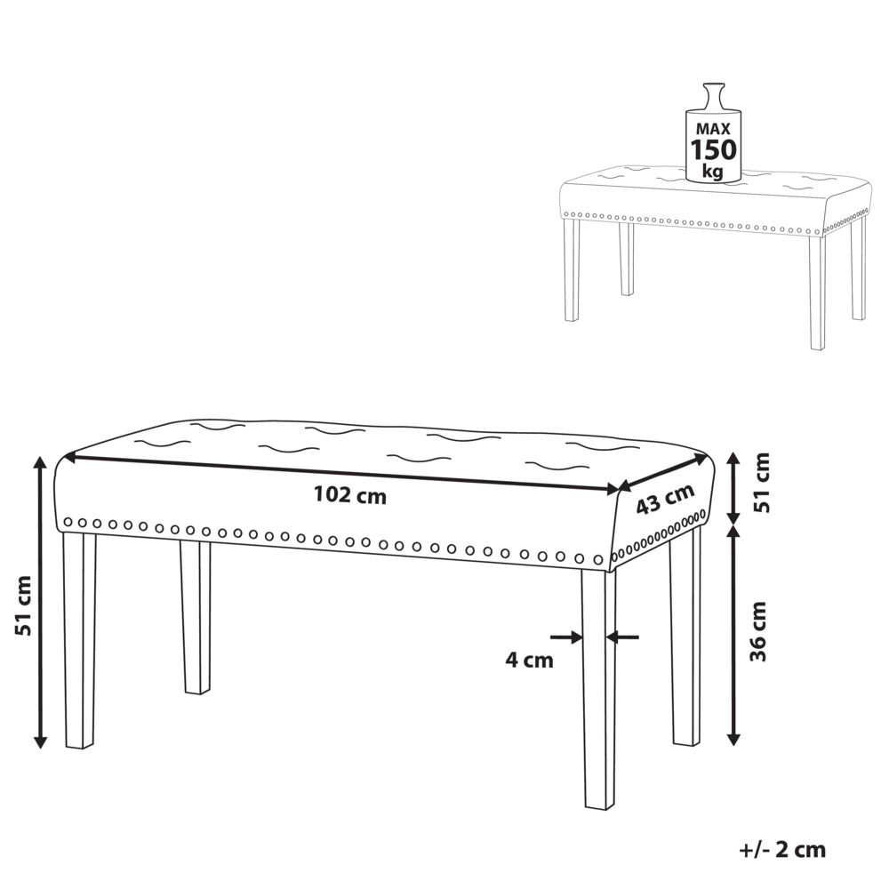 Panca rivestimento in velluto verde gambe nere 51 x 102 x 43 cm Glam
