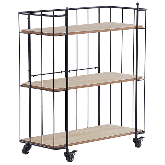 Carrello da Cucina in Metallo Nero 81 cm Costruzione Mensole in Legno Chiaro con Ripiano e Ruote Industriale Rustico Moderno