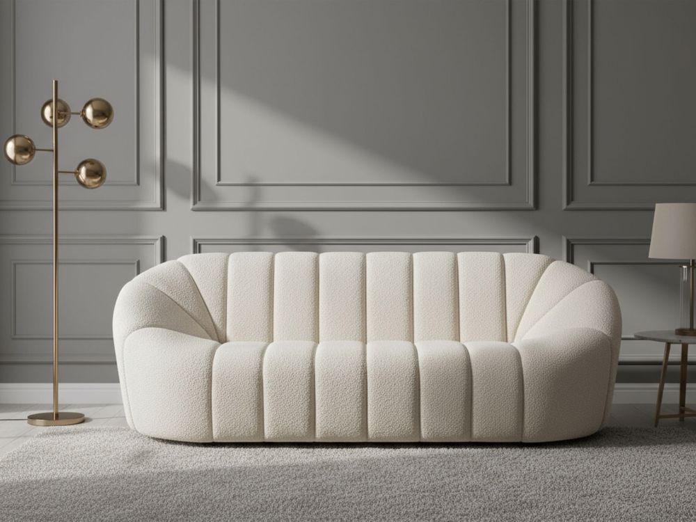 Divano in tessuto bianco 3 posti Glam senza braccioli Boucle a forma di rene con ampio schienale in tessuto testurizzato da soggiorno