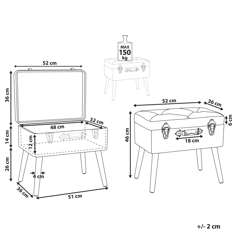 Comodino Sgabello Contenitore Marrone Chiaro gambe imbottite in velluto a coste Nero valigia design con bottoni
