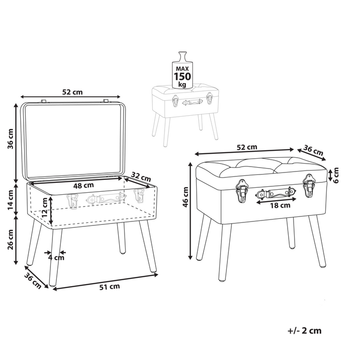 Comodino Sgabello Contenitore gambe nere imbottite in ecopelle marrone design a valigia con bottoni